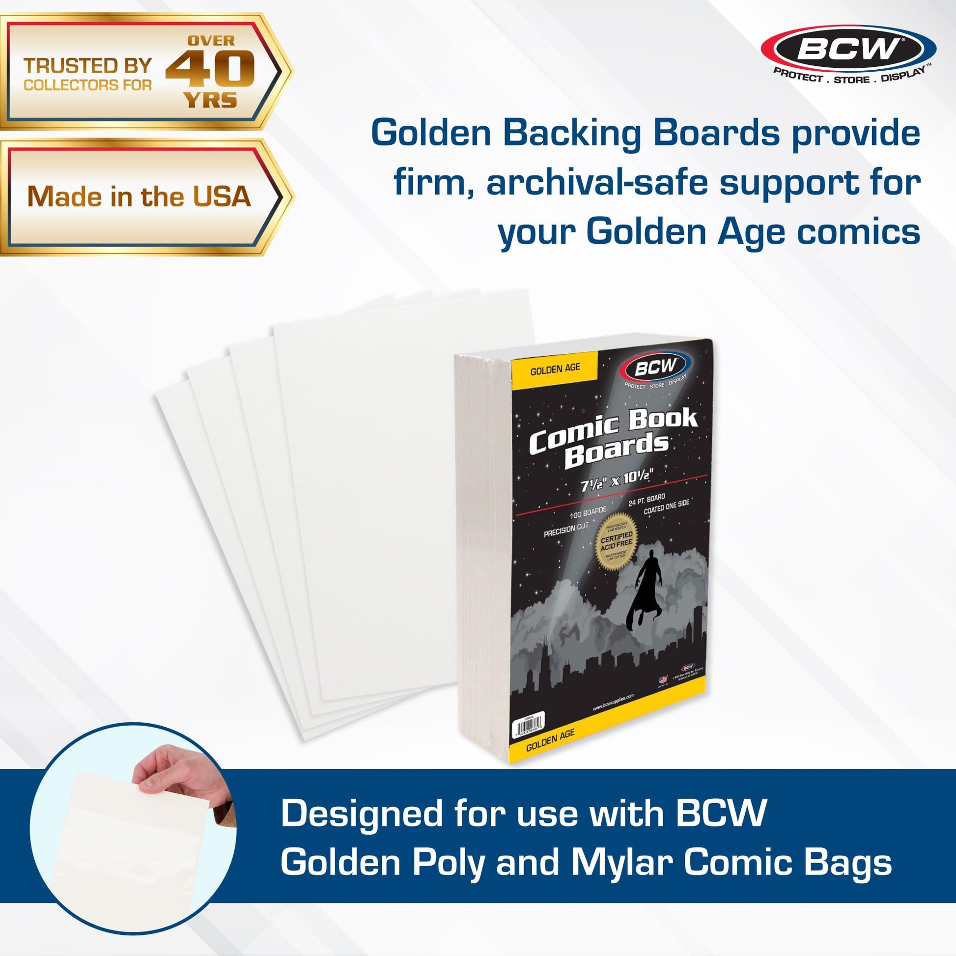 BCW Golden Age Comic Backing Boards - 100 Pack | Certified Acid-Free Comic Book Storage | 7 1/2 x 10 1/2 Inch Dimensions | Archival-Quality Boards