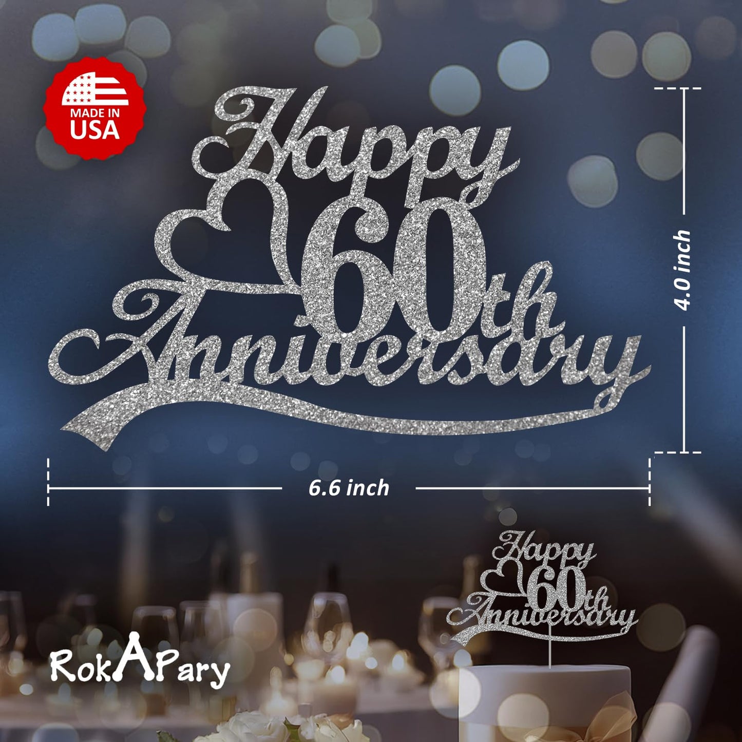 Happy 60 Anniversary Cake Topper Silver Glitter, Wedding Anniversary Party Decoration Ideas, Premium Quality, Sturdy Doubled Sided Glitter, Acrylic