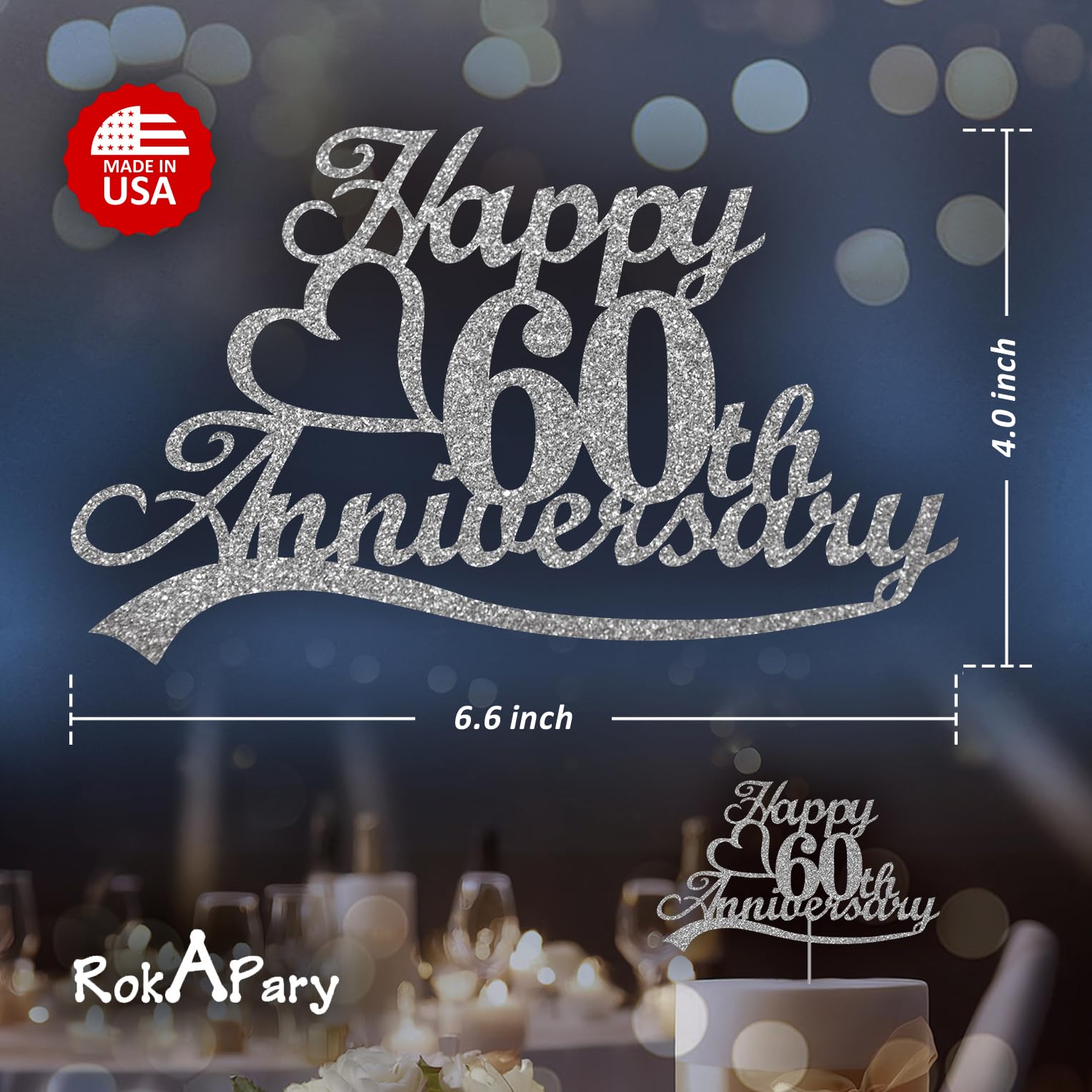 Happy 60 Anniversary Cake Topper Silver Glitter, Wedding Anniversary Party Decoration Ideas, Premium Quality, Sturdy Doubled Sided Glitter, Acrylic