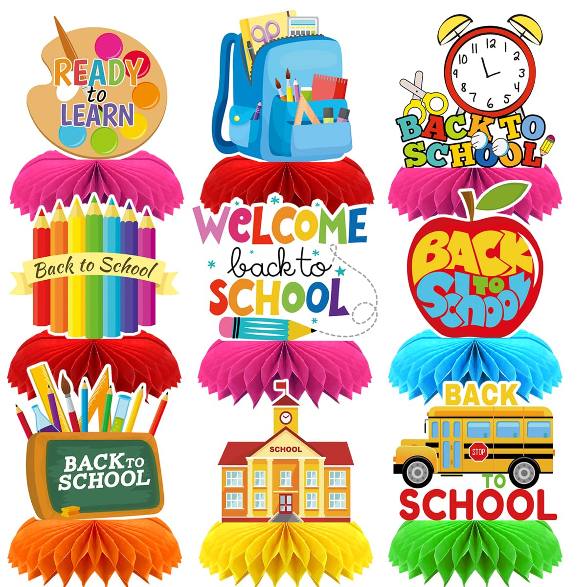 Back to School Table Decorations 9 PCS, Back to School Honeycomb Centerpiece Table Toppers - Back to School Party Supplies Perfect for Classroom
