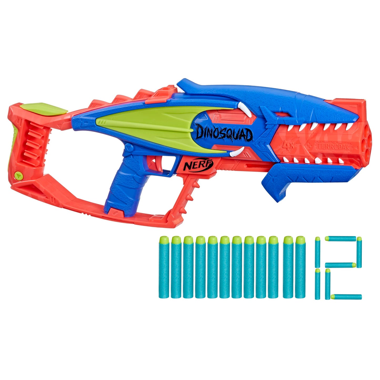 NERF DinoSquad Terrodak, 4 Blasting, Storage, 12 Elite Dart Foam Blasters, Dinosaur Toys for Kids Outdoor Games
