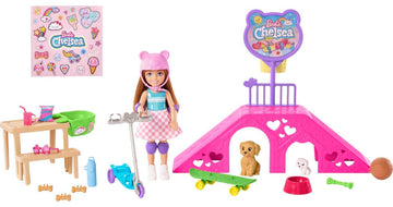 Barbie Chelsea Doll & Skate Park Playset with 2 Puppies, Skate Ramp, Scooter & 15+ Accessories, Brunette Small Doll with Blue Eyes