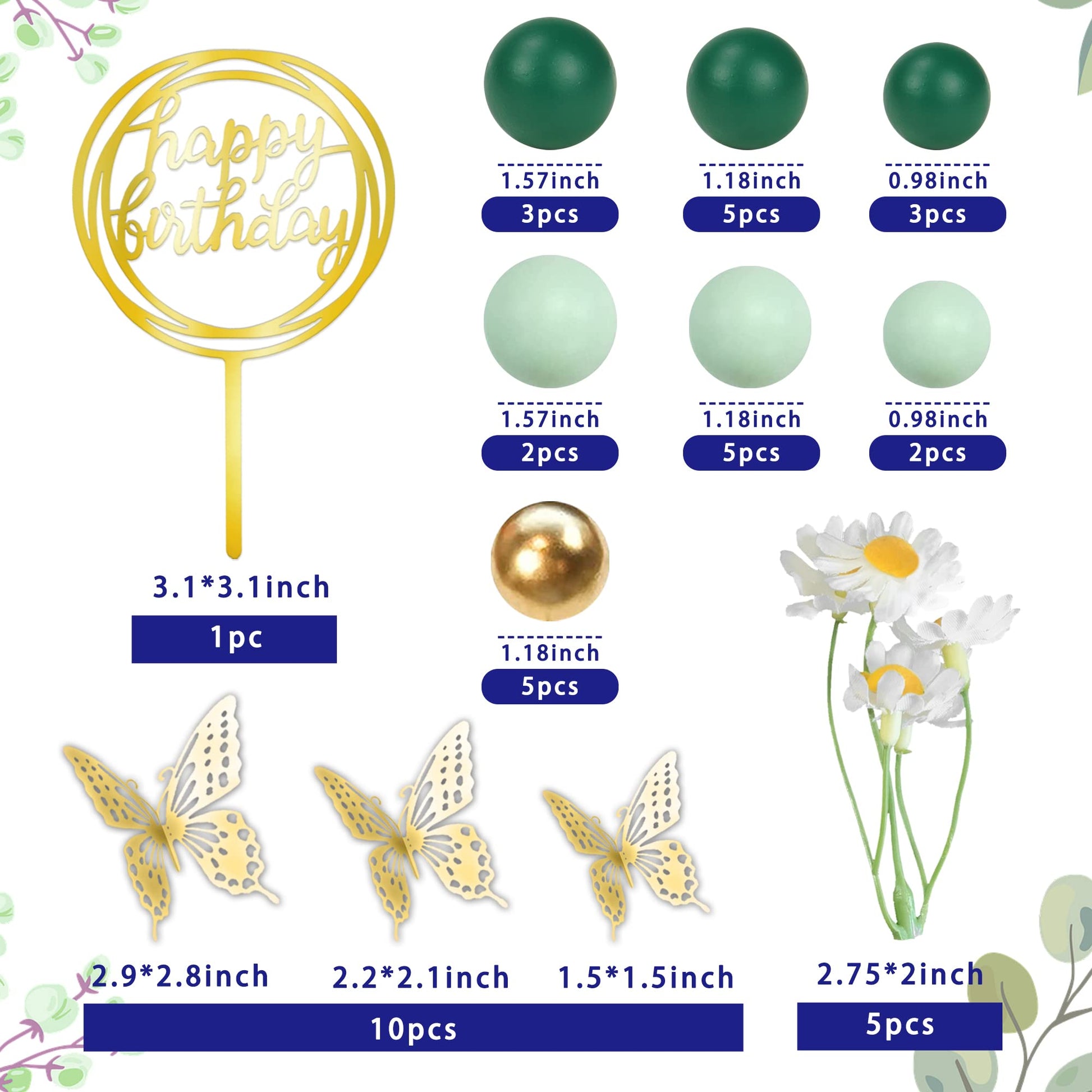 41 PCS Green Balls Cake Topper Butterfly Cake Decorations Happy Birthday Cake Topper for Wedding Flower Themed Birthday Supplies (Green)