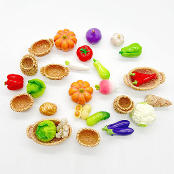 28Pcs Miniature Vegetable Figurines, Miniatures Kitchen Food, Fake Mini Vegetables, Resin Vegetables Model, Miniature Baskets Decor Set for Mini House