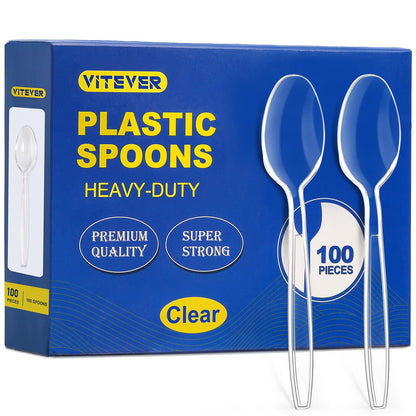 [100 Count] Clear Plastic Spoons Heavy Duty, Premium Disposable Spoons, Durable Plastic Cutlery for for Parties, Picnics, Big Event, Daily Use - Heat
