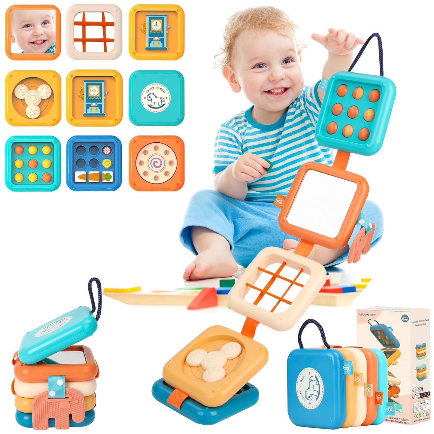 FHJBJA Montessori Busy Board for 1 Year Old, Baby Travel Toys for Toddler 1-3, Sensory Activity Cube with Fine Motor Skills, Birthday Toy Gifts for 1