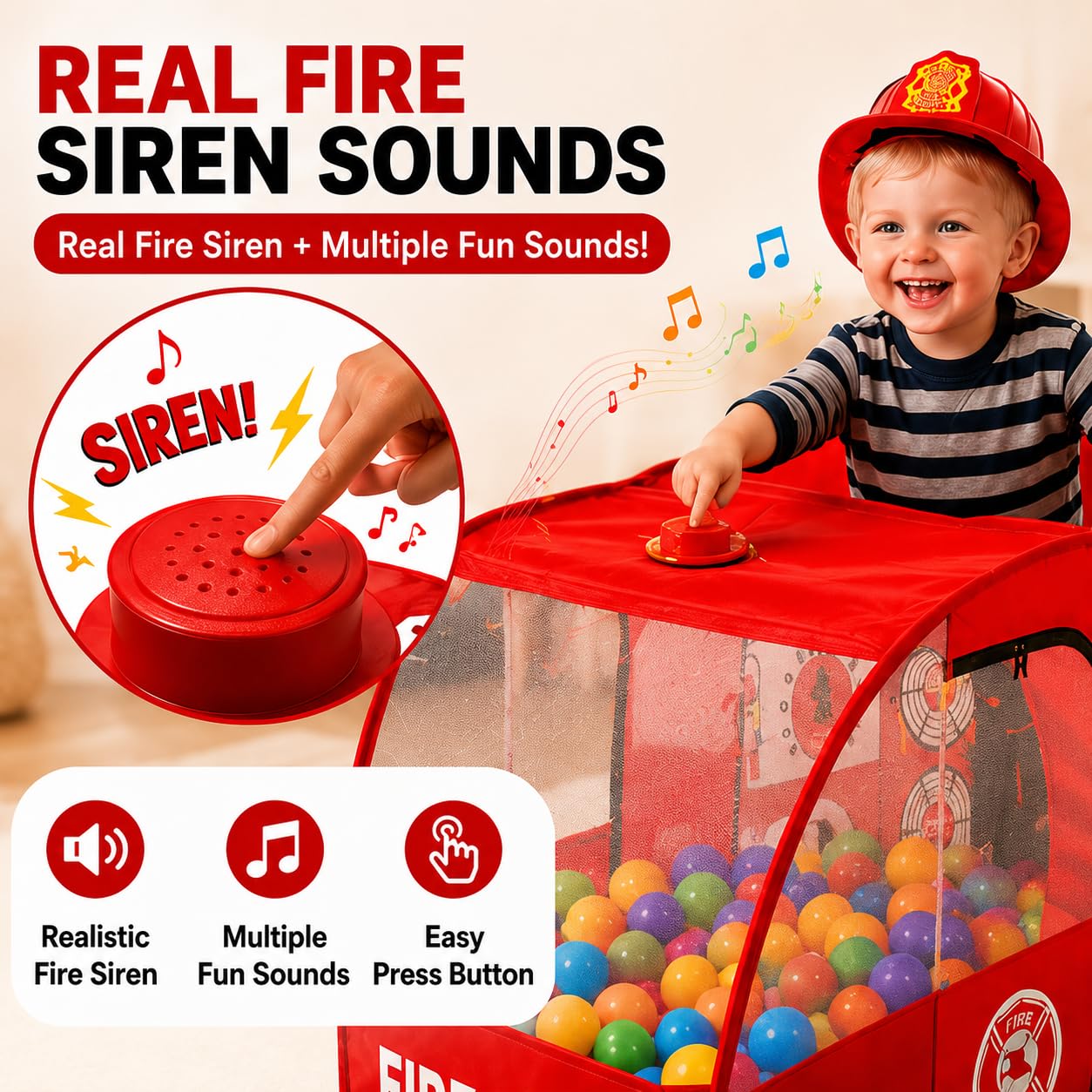 Kiddey Fire Truck Play Tent for Kids - Firetruck Tents with Sirens and Fireman Sound Button for Girls, Boys, & Toddlers Gifts - Red Fire Engine Pop Up
