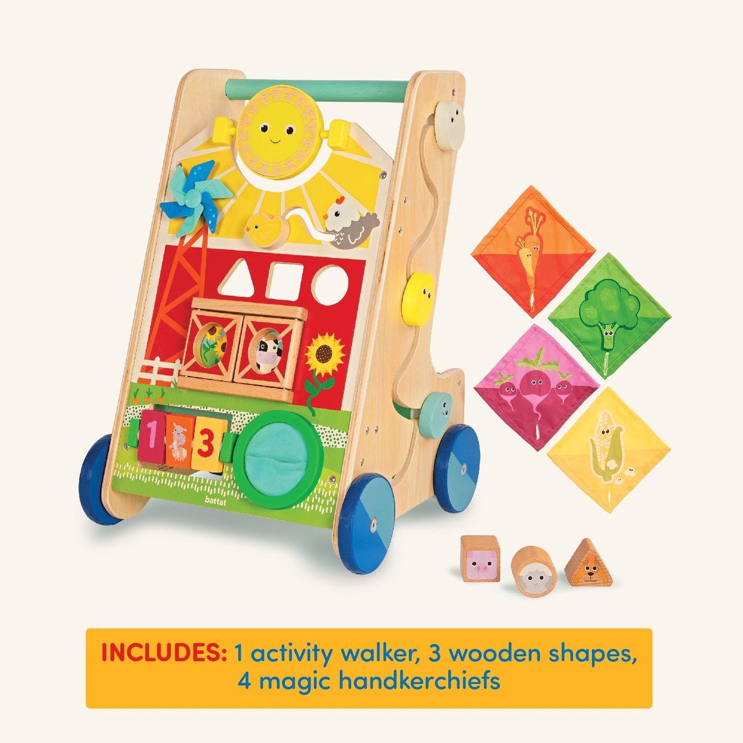 Battat Wooden Activity Walker, 9 Activities, Sunshine Farm Theme, Wood Toys