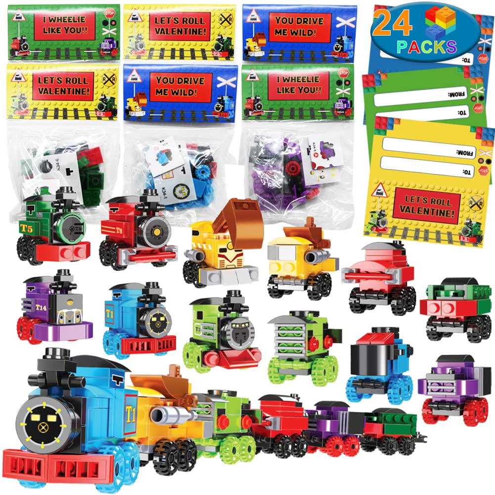 24 Packs Train Building Blocks with Valentines Gift Cards, 6 in 1 Train Building Blocks Sets for Boys Girls Goodie Bags Carnival Prizes Birthday