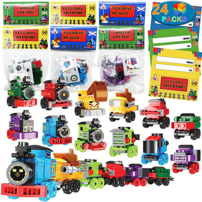 24 Packs Train Building Blocks with Valentines Gift Cards, 6 in 1 Train Building Blocks Sets for Boys Girls Goodie Bags Carnival Prizes Birthday