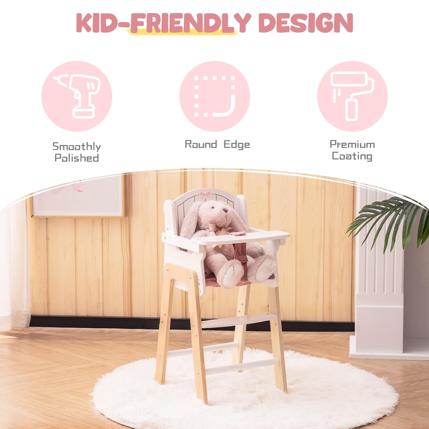 ROBOTIME Wooden Baby Doll High Chair, Pink Wooden Baby Doll Chair for 18 Inch Dolls, Pretend Play High Chair Baby Doll Accessories, Small