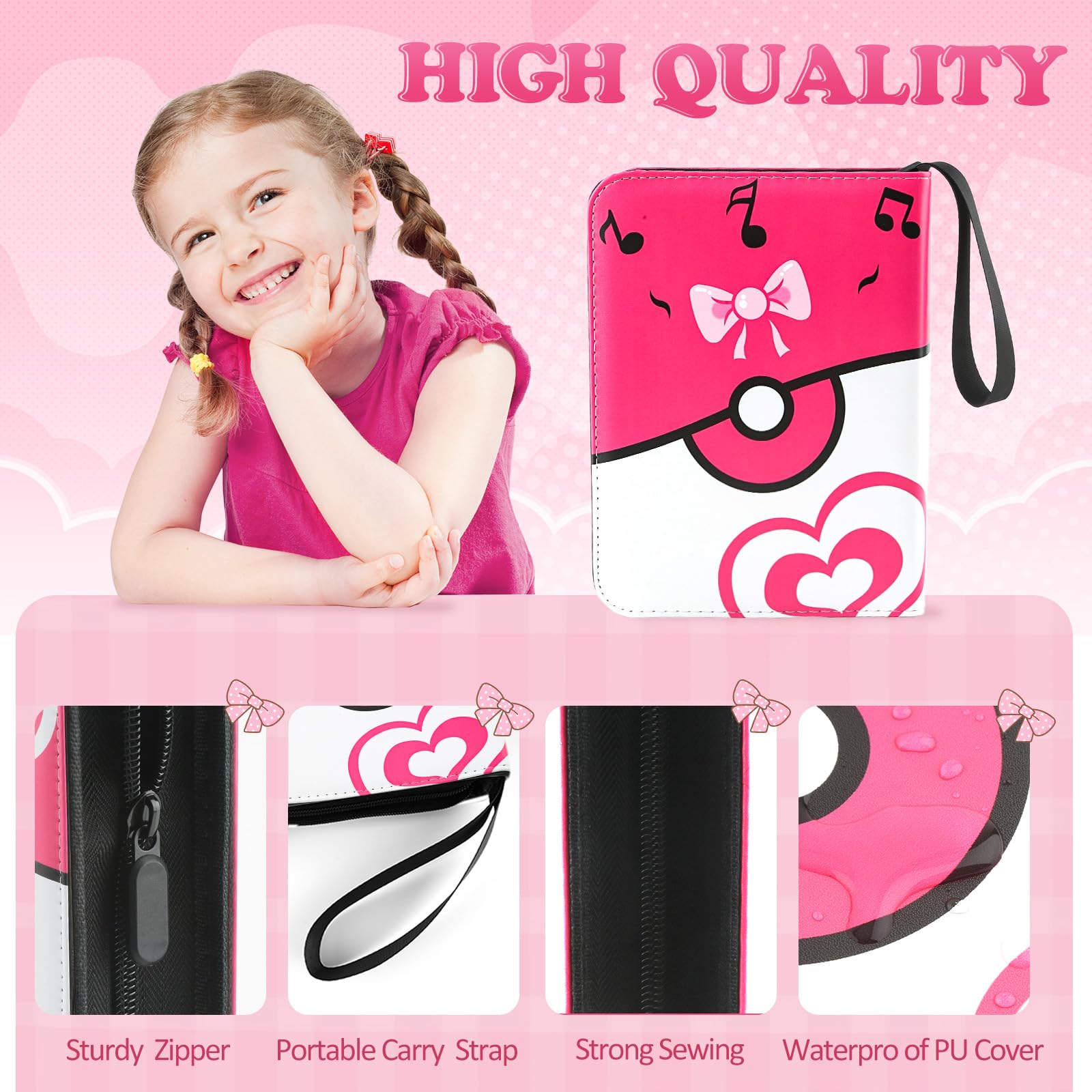 4 Pockets Trading Card Binder, 400 Card Holders with 50 Removable Sleeves, Portable Card Binder Album with zipper, Card holder Book for Game, Sport