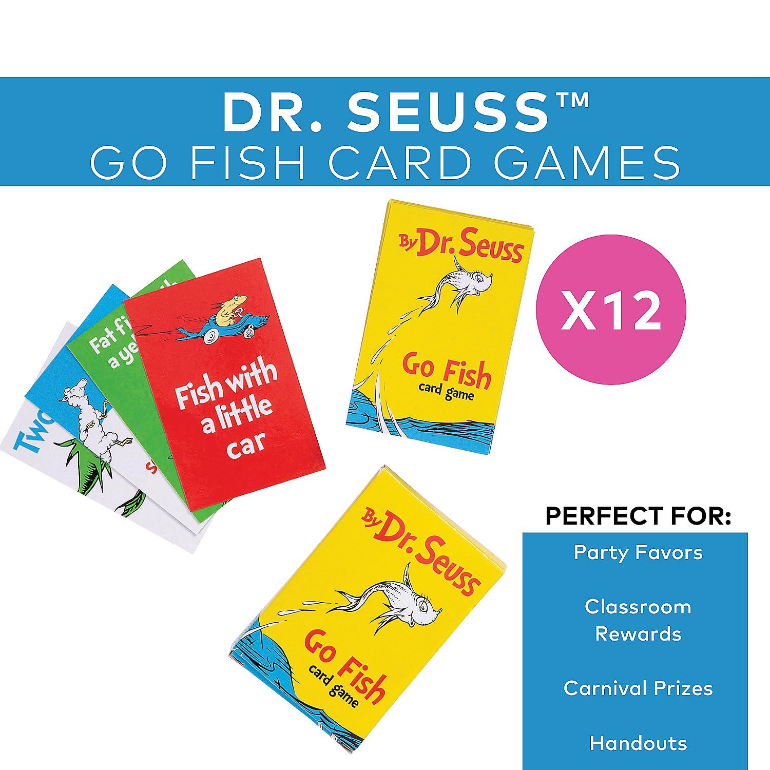 Fun Express Dr. Seuss Go Fish Card Games 12 Pack - Classic Kids Card Games for Ages 4-8 | Family Game Night Playing Cards for Toddlers & Preschool |