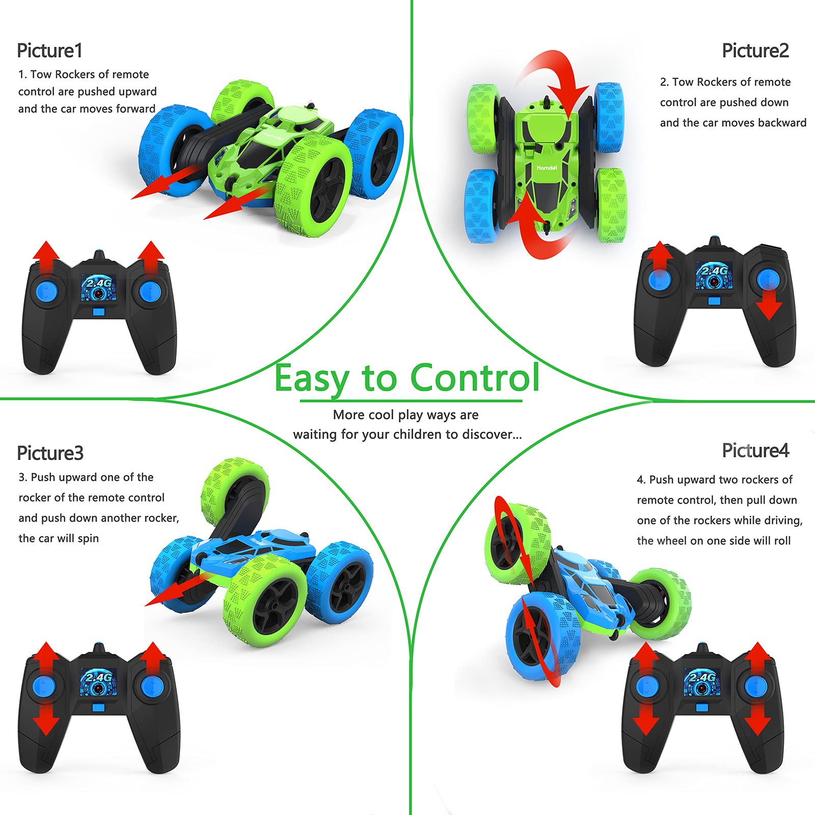 Hamdol Remote Control Car for Kids, 360° Rotating Double-Sided RC Car with LED Headlights, 4WD 2.4GHz Electric Rechargeable Toy Vehicle for Boys