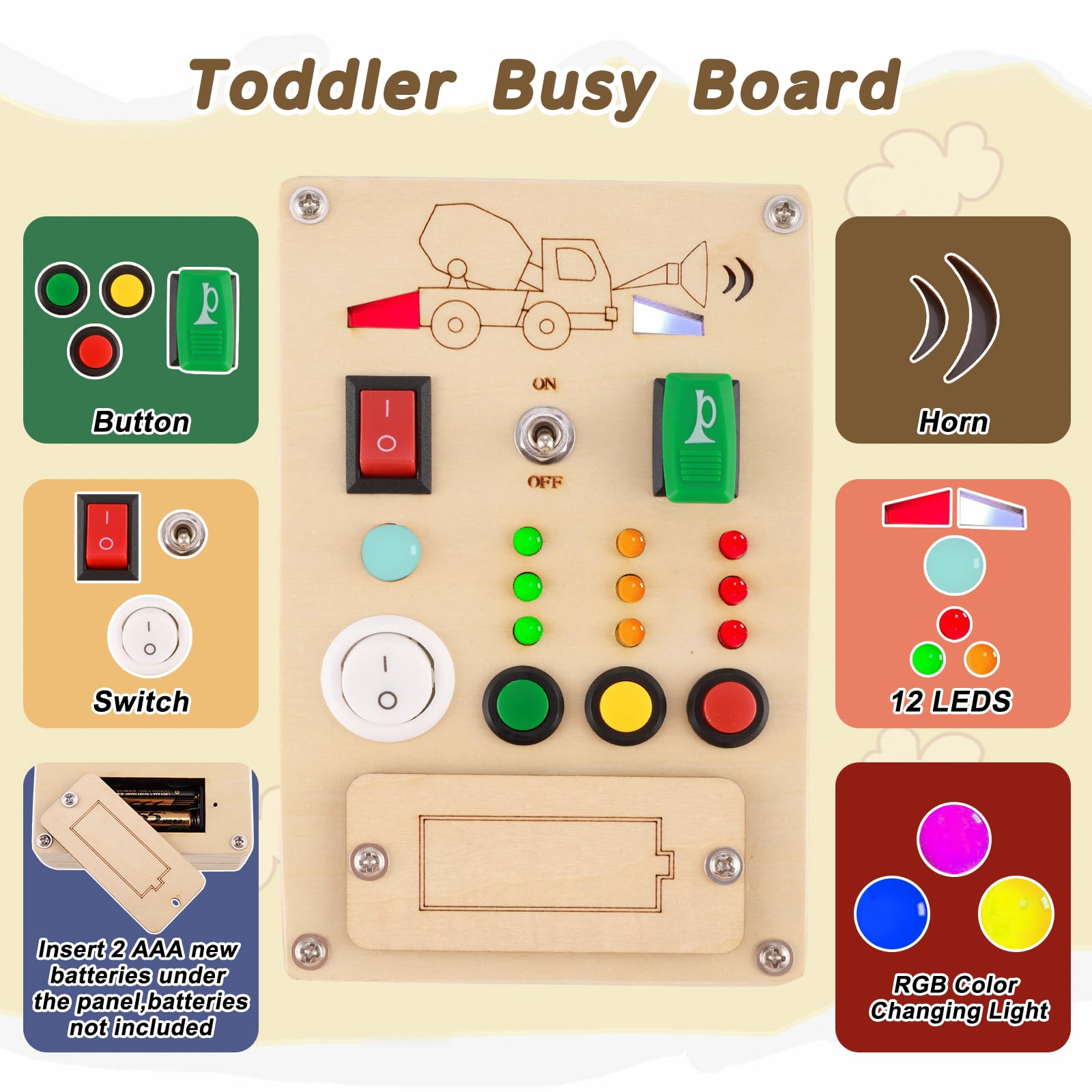 Falecha Busy Board Montessori Toys for 1 Year Old Led Button Push Toys Light Switch Preschool Learning Wooden Sensory for Toddlers 1-3 Baby Gifts