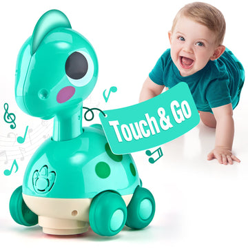 CubicFun Touch & Go Crawling Dinosaur Toy with Music, Lights & Obstacle Avoidance, 1 Year Old Boy Girl Gifts, Interactive Tummy Time Toy for 12 Month