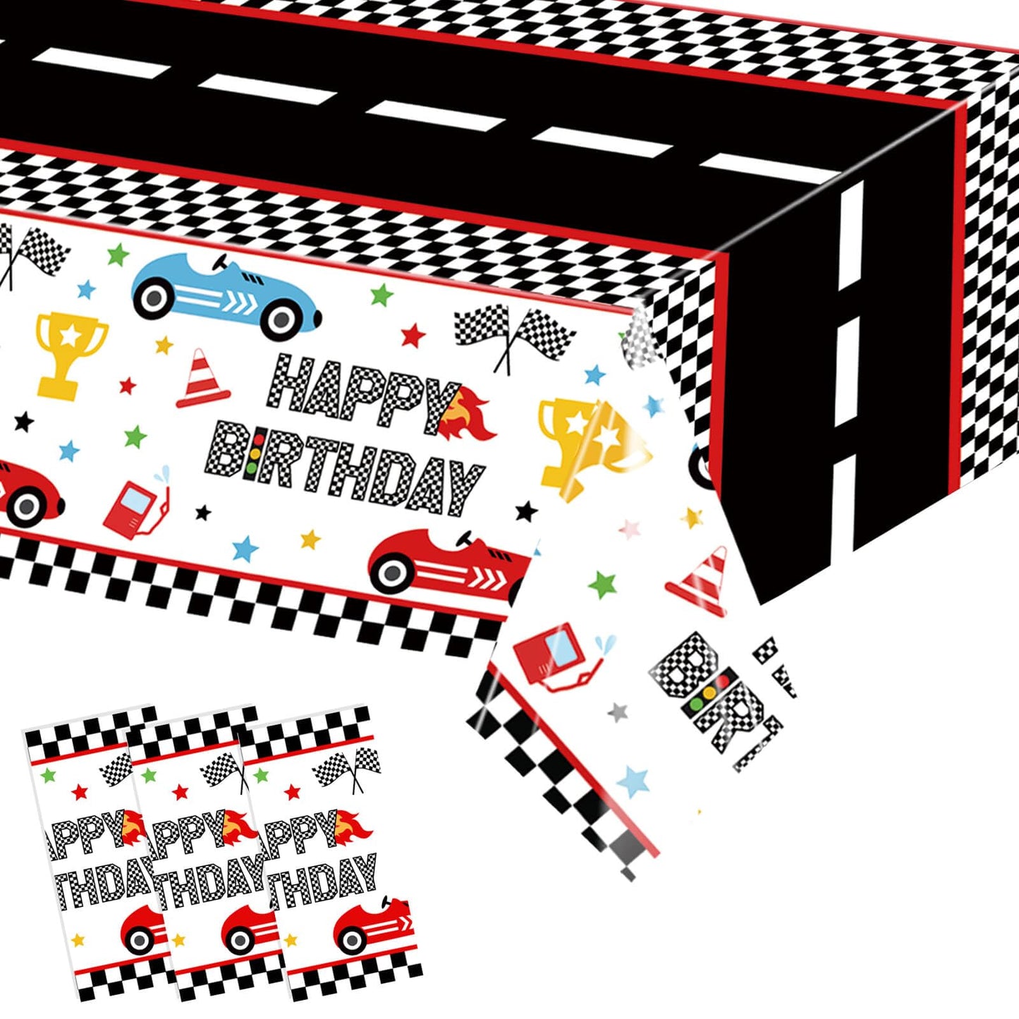 XXDecor 3 Pcs Race Car Birthday Tablecloths - Racing Car Disposable Plastic Table Cloth Checkered Flag Table Covers Party Favors for Baby Shower Boys