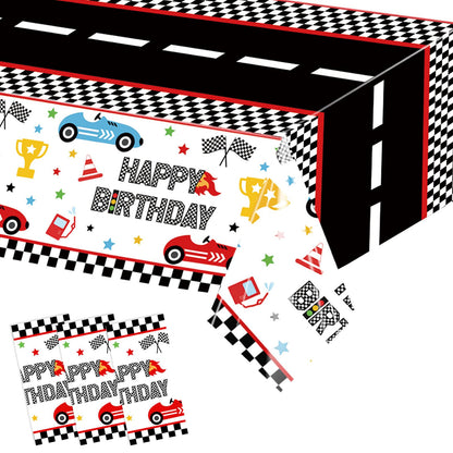 XXDecor 3 Pcs Race Car Birthday Tablecloths - Racing Car Disposable Plastic Table Cloth Checkered Flag Table Covers Party Favors for Baby Shower Boys