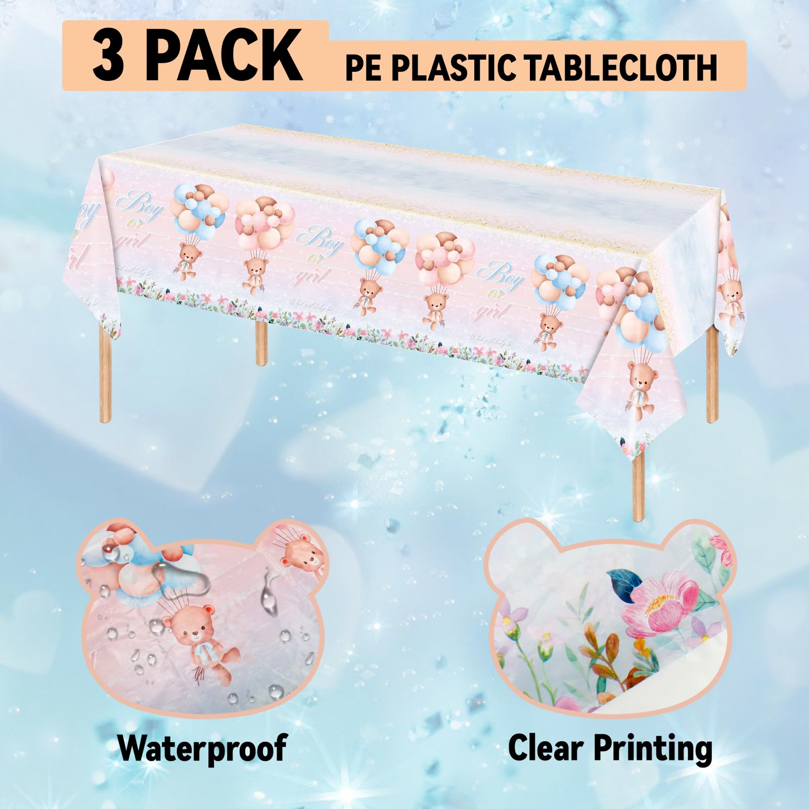 3 Pack Teddy Bear Baby Shower Tablecloths, Plastic Gender Reveal Tablecloths Waterproof Pink and Blue Tablecloth for Boy or Girl Baby Shower Birthday