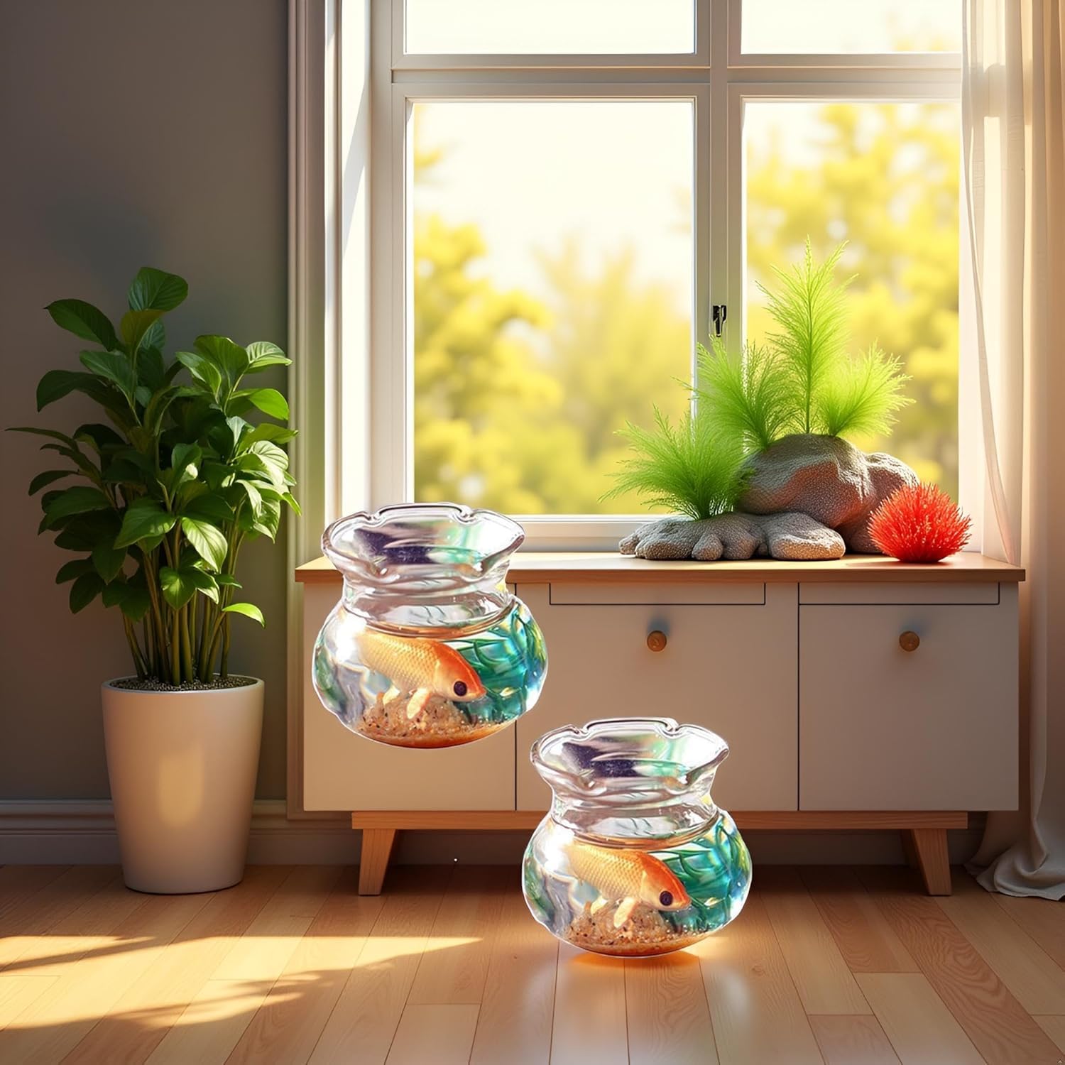 2Pcs Miniature Fish Tank Toy Mini Round Fish Bowls Resin Goldfish Grass for Dollhouse Desktop Craft Project Decor,Mini Fish Bowl,Dollhouse