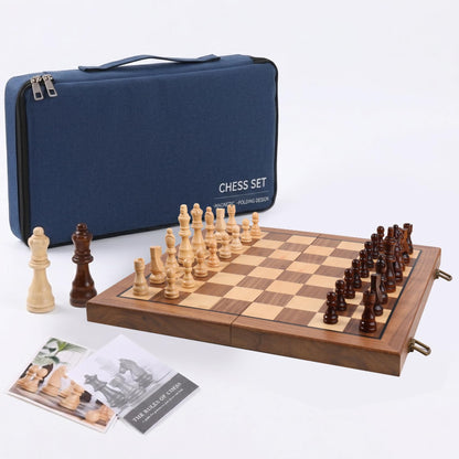 Ajedrez Magnetic Wooden Chess Set, 15" Walnut Folding Chess Board with Handcrafted Pieces 2 Extra Queens, Portable Travel Chess Board Game for Adults