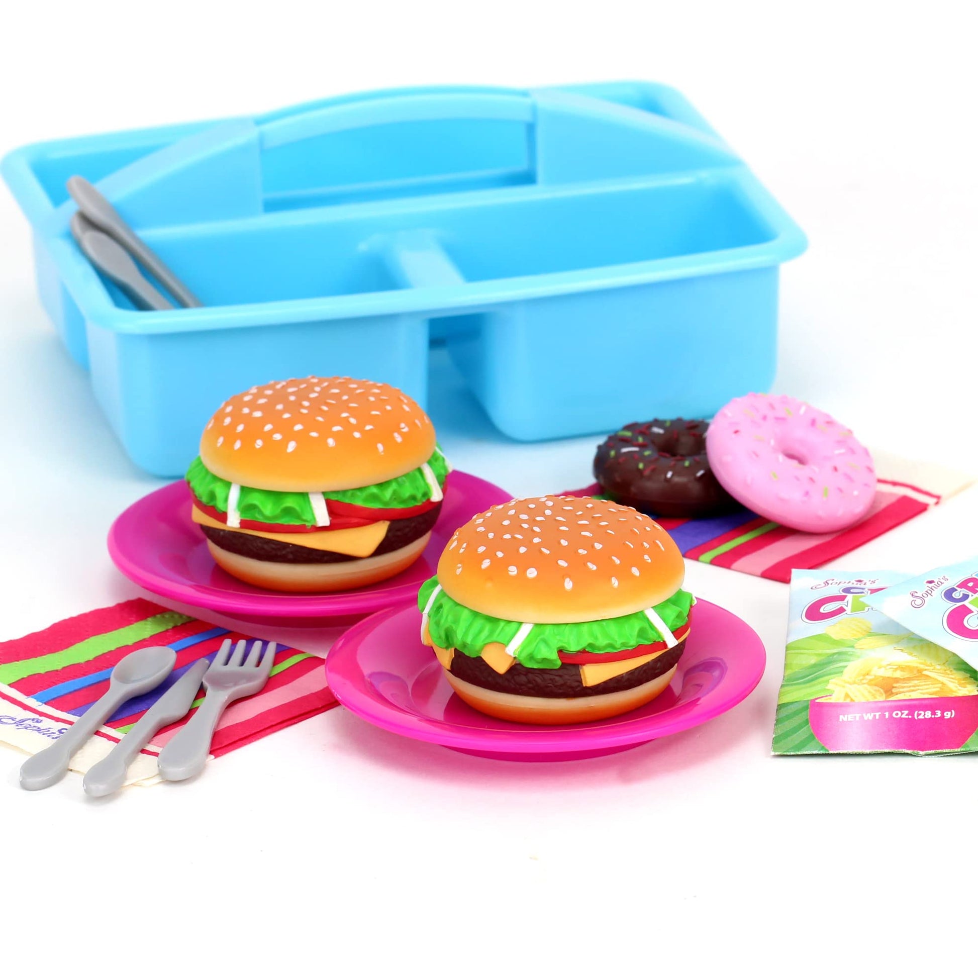 Sophia's 18" Doll 17 pc. Burgers for Two with Service Ware, Doughnuts, and Bags of Chips
