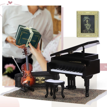 iLAND Piano Music Box & Miniature Violin w/Giftbox, 1/12 Scale Accessories of Dollhouse Piano Room with Timeless Melody The Castle in The Sky
