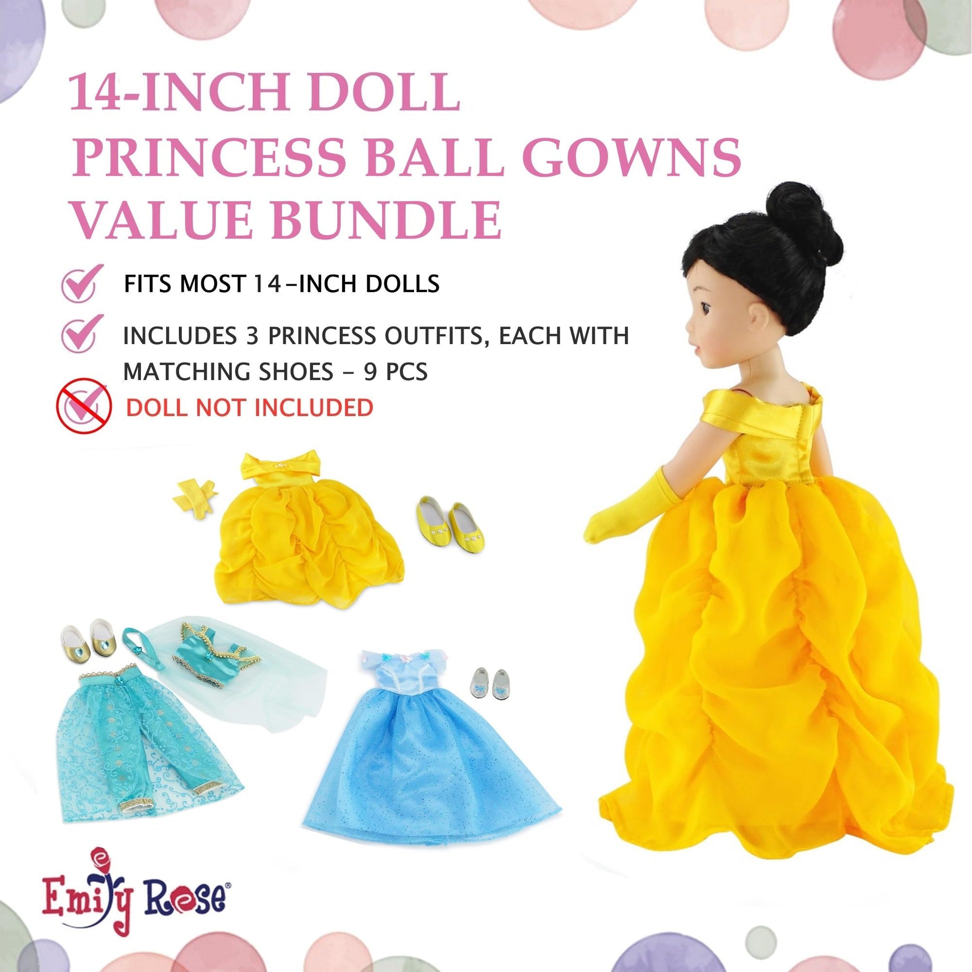 Emily Rose 14 Inch Doll Princess Clothes 9-PC Value Bundle | 3 Complete Outfits with Shoes | Compatible with Glitter Girls and Wellie Wishers Dolls |