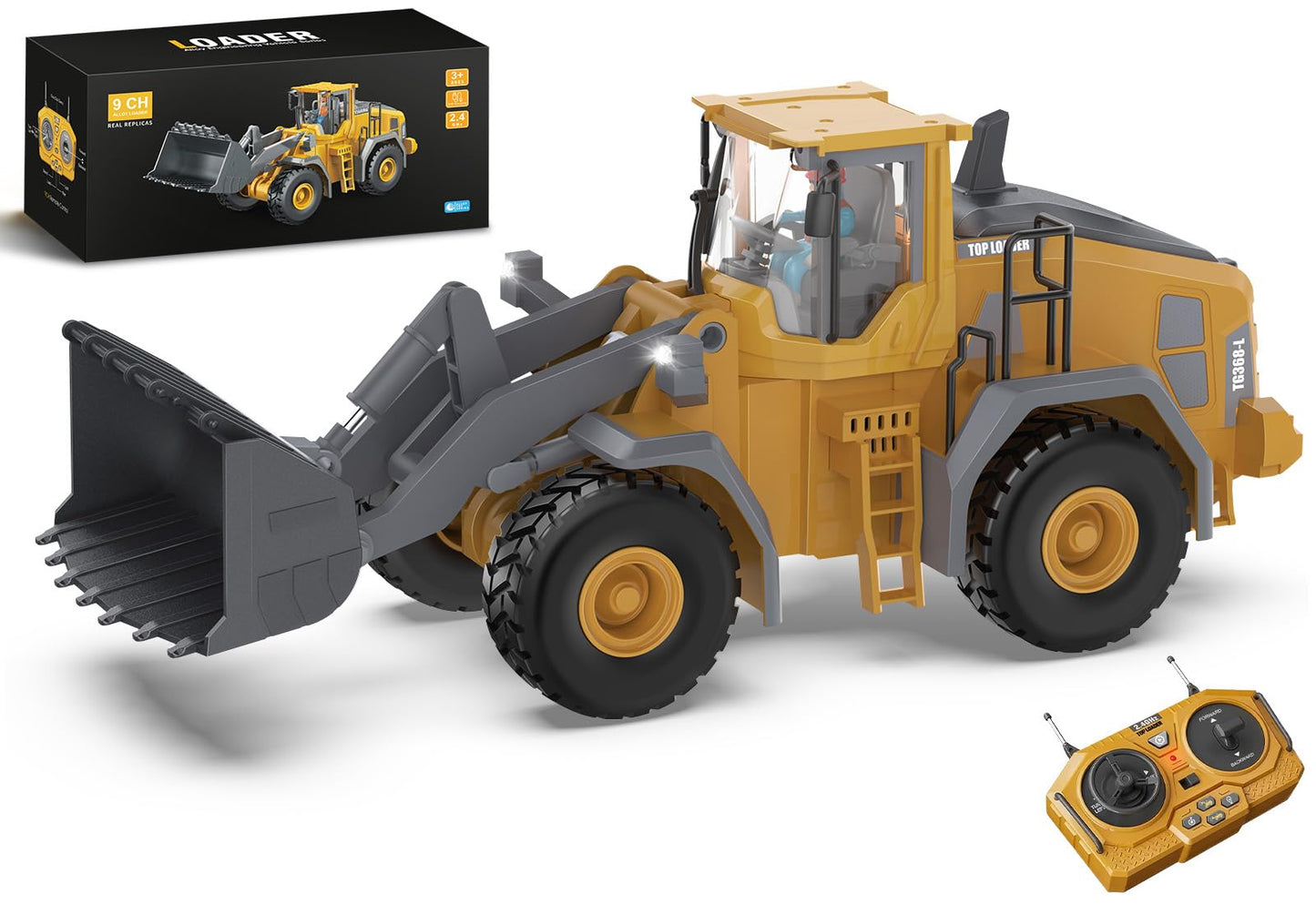 KIDMARKT Metal RC Wheel Loader Toy | 9-Channel Remote Control Construction Truck with Realistic Lights & Sounds, 1:20 Scale Rechargeable Vehicle