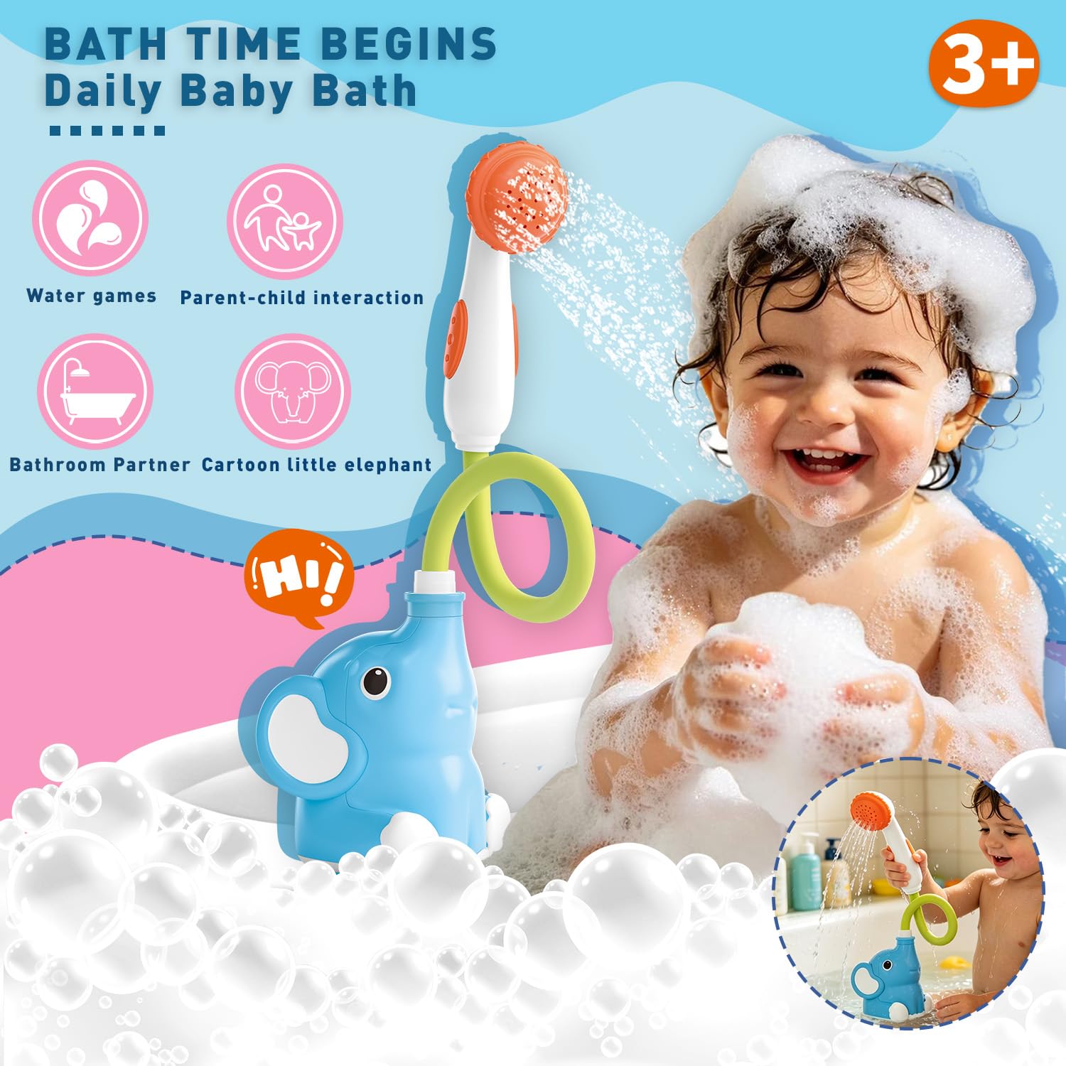 Baby Bath Toy Elephant Shower Head, Battery Operated Water Sprinkler Toy for Toddlers, Interactive Bathtub Toy for Kids Ages 3+, Blue Elephant Water