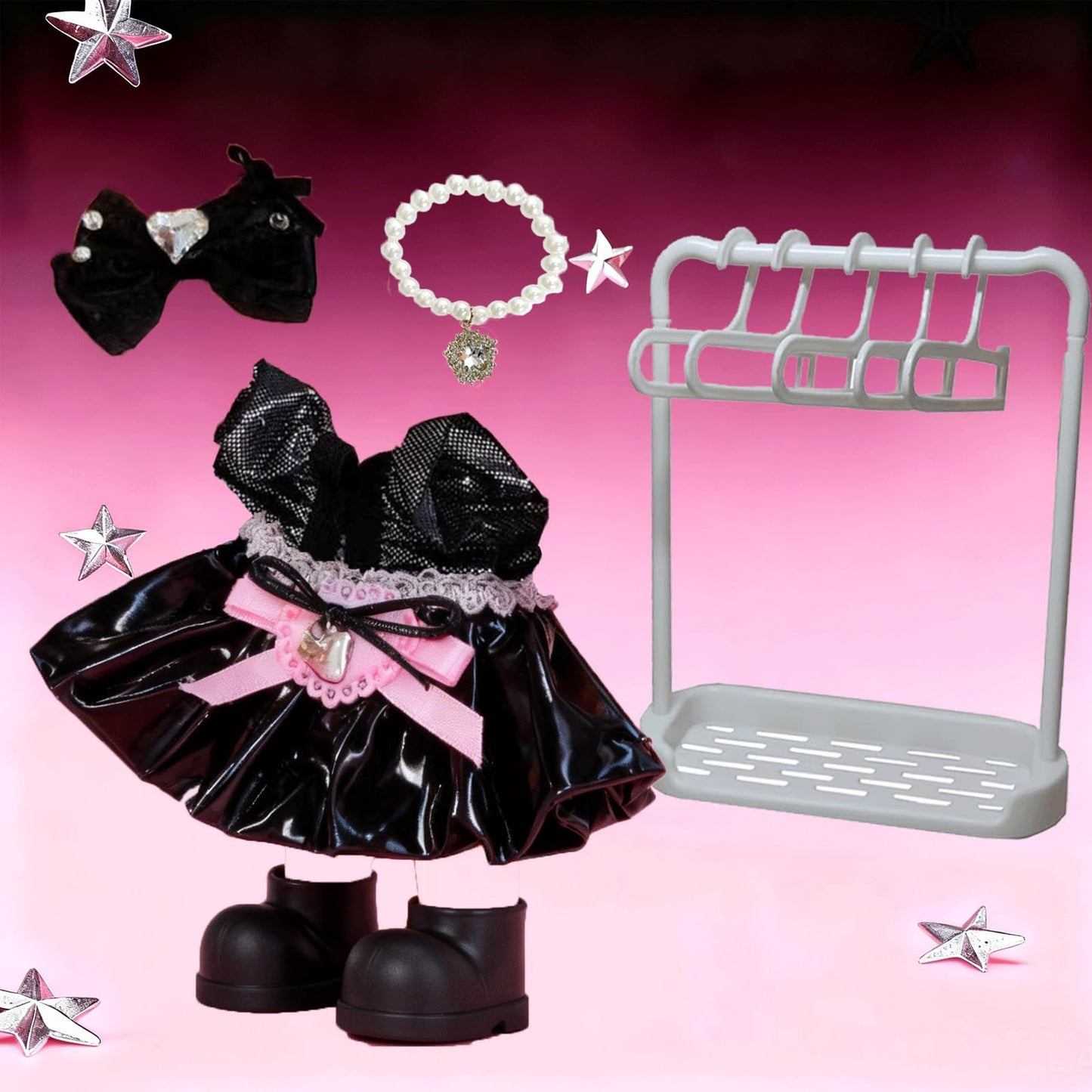 Doll Clothes Set ,Sparkling Black & Pink Princess Dress Set for 17cm Dolls - 5 Piece Outfit with Glitter Sleeveless Gown, Bow Headband, Pearl