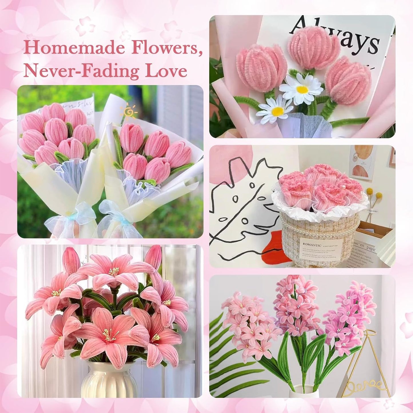 DVKKHD 400 Pcs Pink Pipe Cleaners Kit, 4 Colors Chenille Stems DIY Bouquet