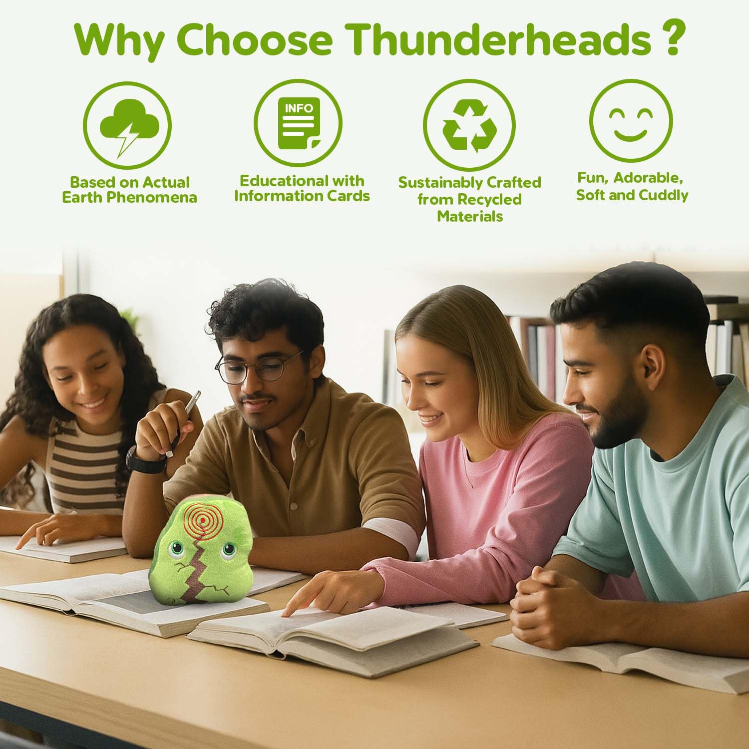 Thunderheads Earthquake Plush, Soft Educational Earth Science Plushie with Fact Card, STEM Tool for Learning Planet, Eco-Conscious Weather Gift