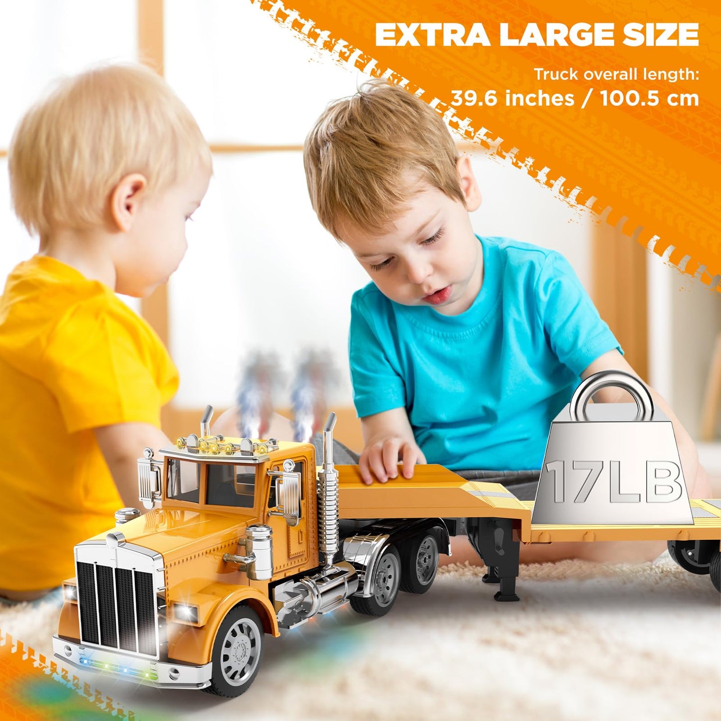 KIDMARKT 39.6" Giant RC Semi-Trailer Truck for Kids | 16-Channel Remote Control Transport Truck with Lights & Sounds, Rechargeable Construction