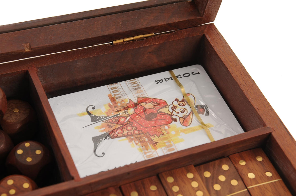 Old Modern Handicrafts Wooden Game Set with Brass Goblet - Endless Family Entertainment: Three-in-One Game Set - A Graceful Addition to Your Home