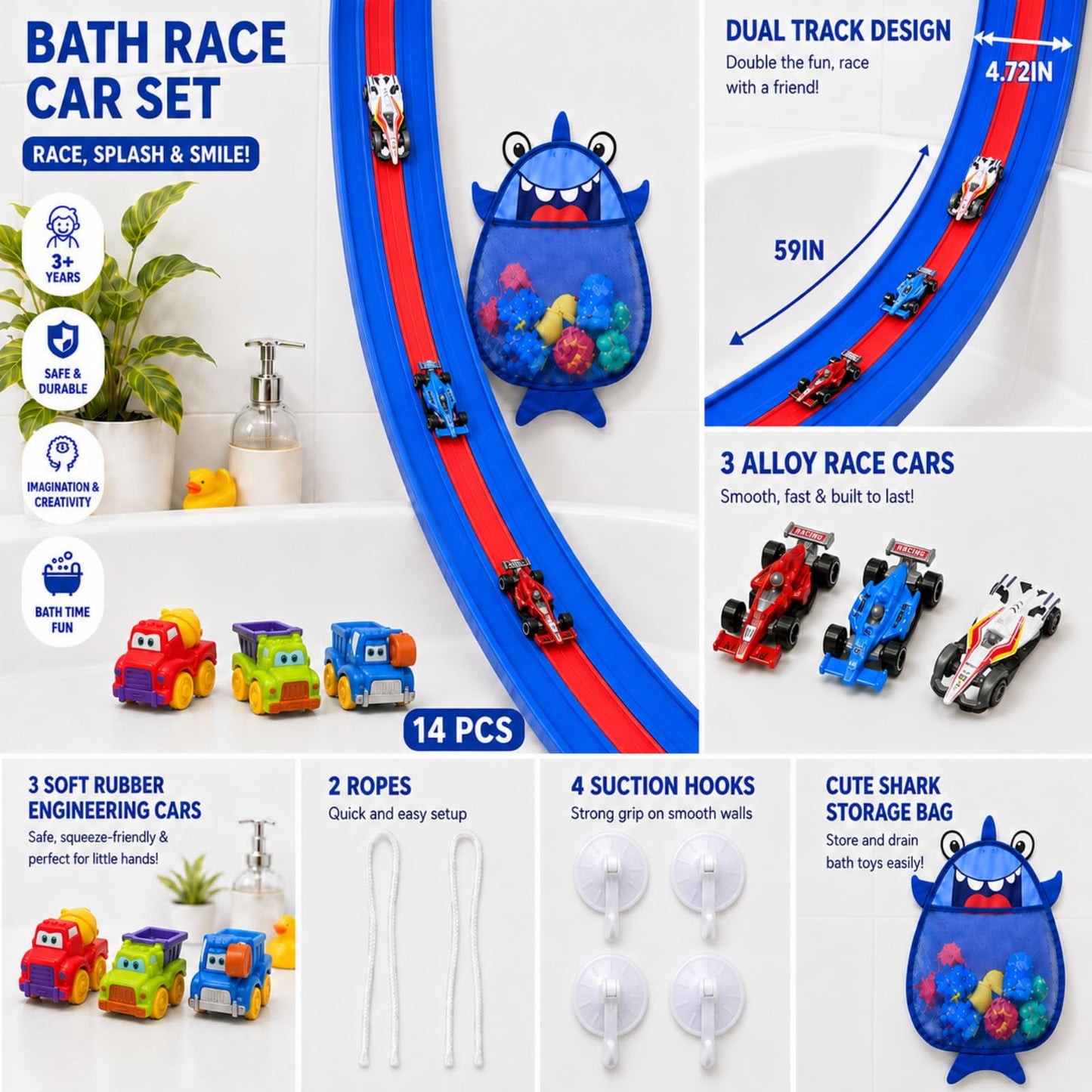 Race Car Bath Toys, 14-Piece 59-Inch Flexible EVA 3-Lane Bathtub Track Set, CPC-Certified with 6 Toy Cars, Industrial-Strength Suction Cups & Mesh