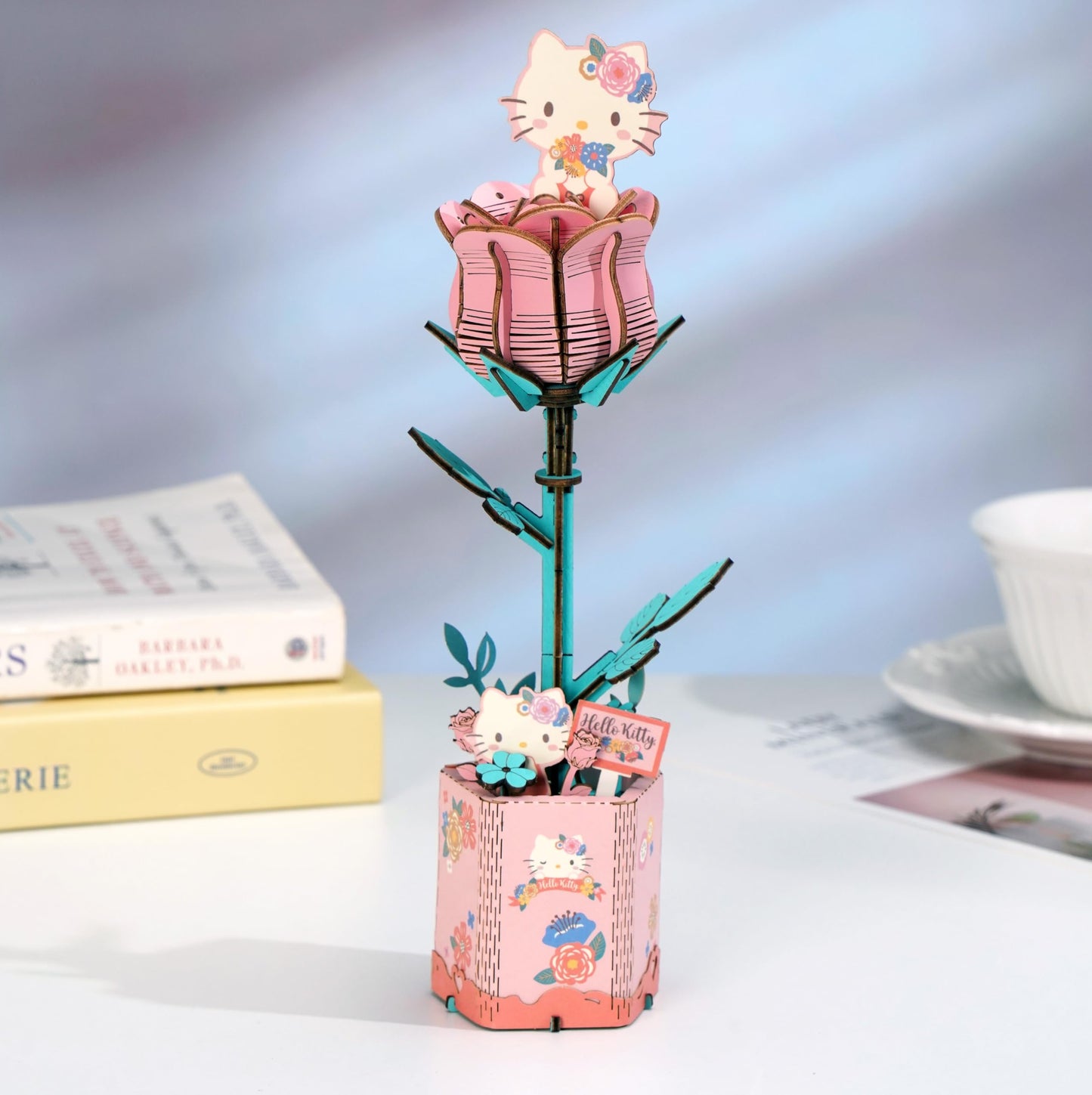 Hands Craft Hello Kitty and Friends Pink Rose 3D Wooden Puzzle Kit | DIY Flower Model | Arts & Crafts for Adults & Kids | Creative Hobby Kits | Hello