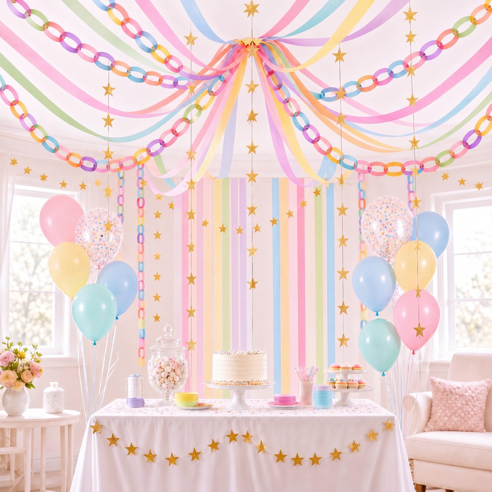 Baudane 542 Pcs Pastel Party Decorations 492 ft Crepe Paper Streamers, 500 Sheets Paper Chains Strips, 79.2ft Gold Star Garlands with 30 Balloons
