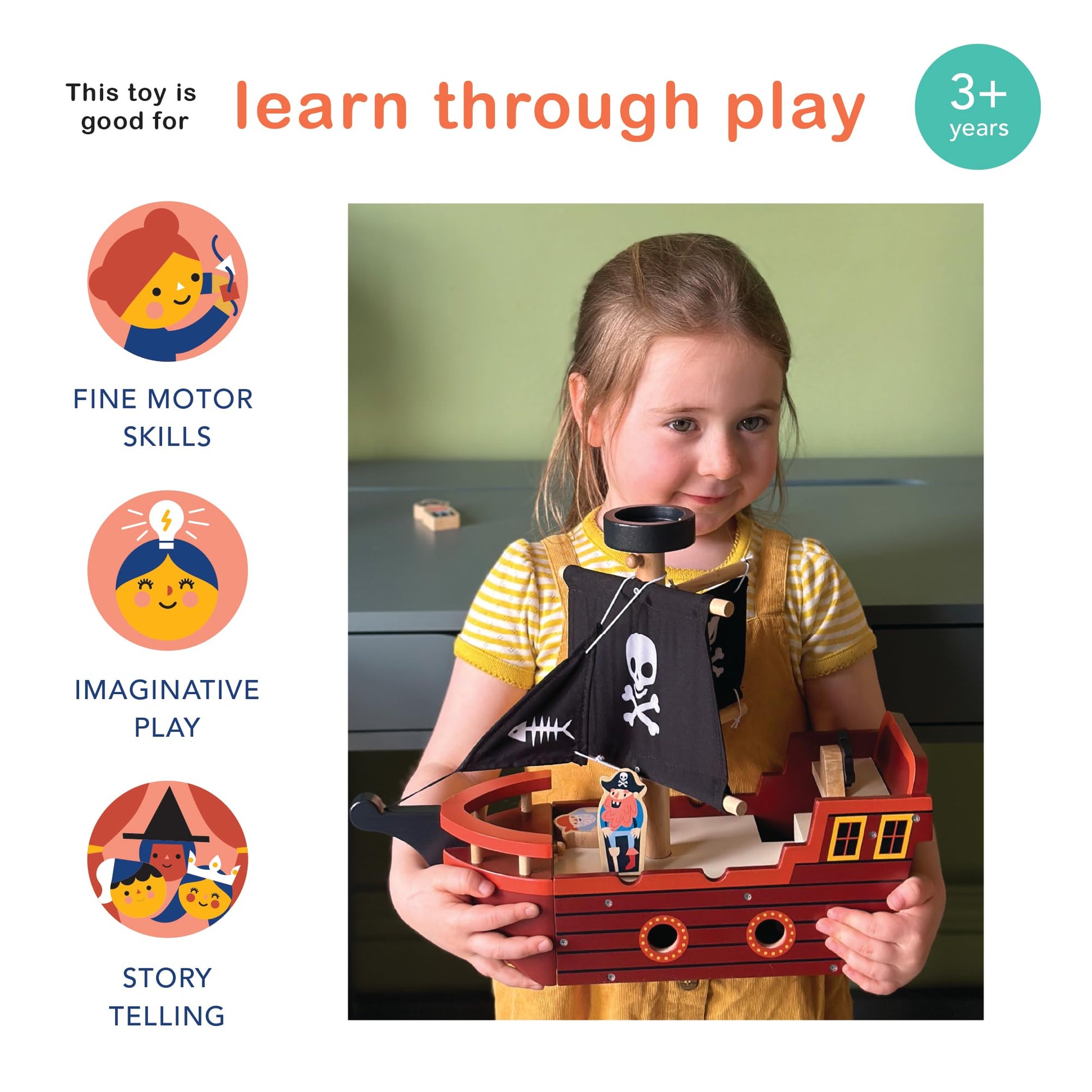 Mentari Toys - Fishbones Pirate Ship - Wooden Pirate Ship with Fabric Sails, Spinning Wheel, Sailors and Canon - Interactive Toy for Imaginative Play