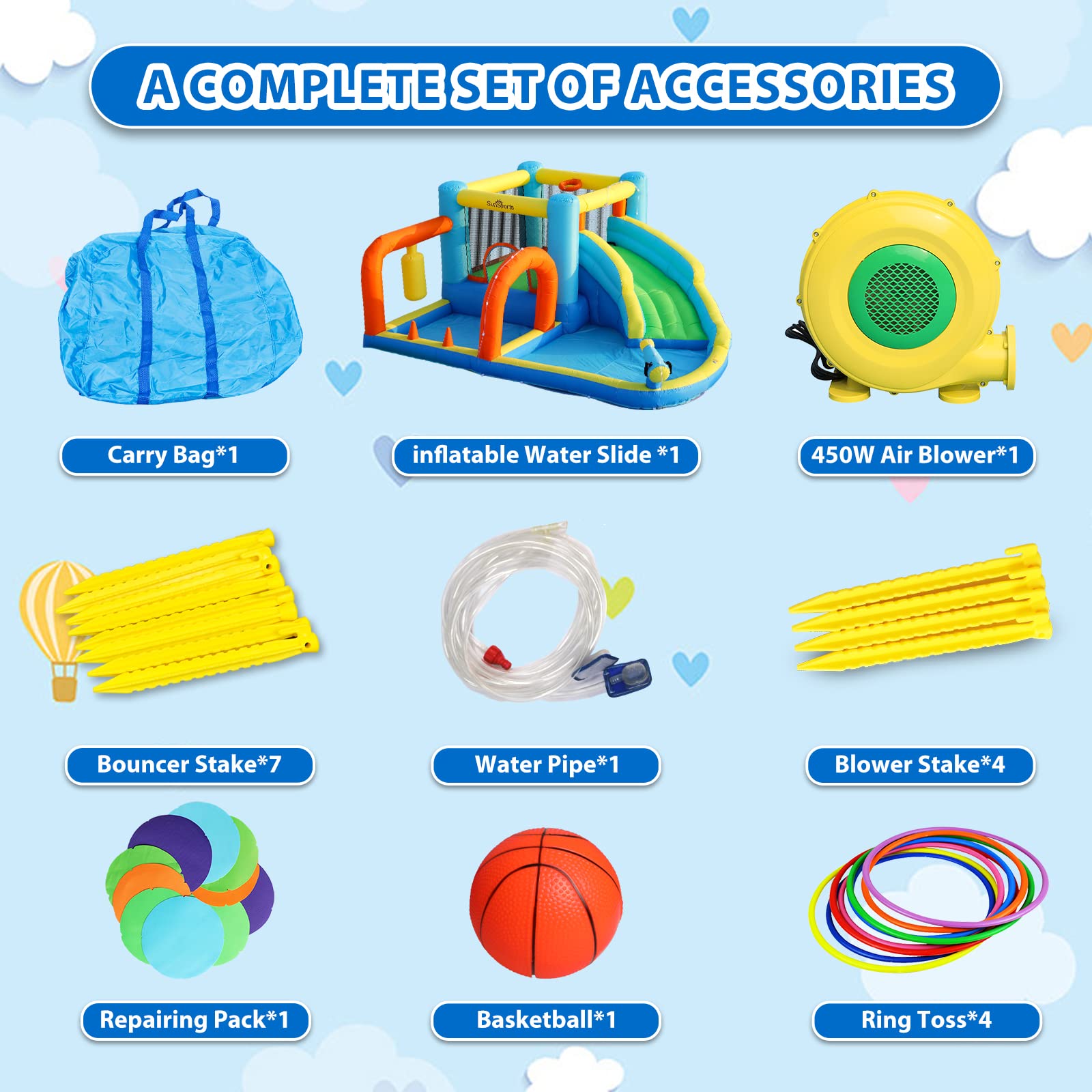 SunSports Inflatable Water Slide,Bounce House with Slide for Indoor Party,Bouncy Castle with for Kids Outdoor, Water Slides for Backyard,Inflatable