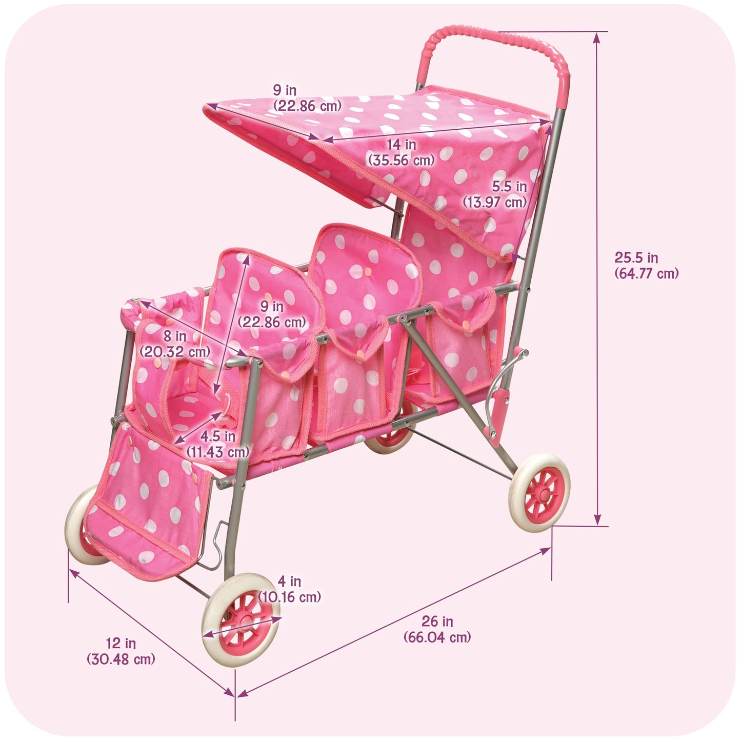 Badger Basket Triple Doll Stroller for Dolls - Lightweight and Foldable Toy Pram with Canopy - Fun Pretend Play for Kids in Stylish Pink with Polka