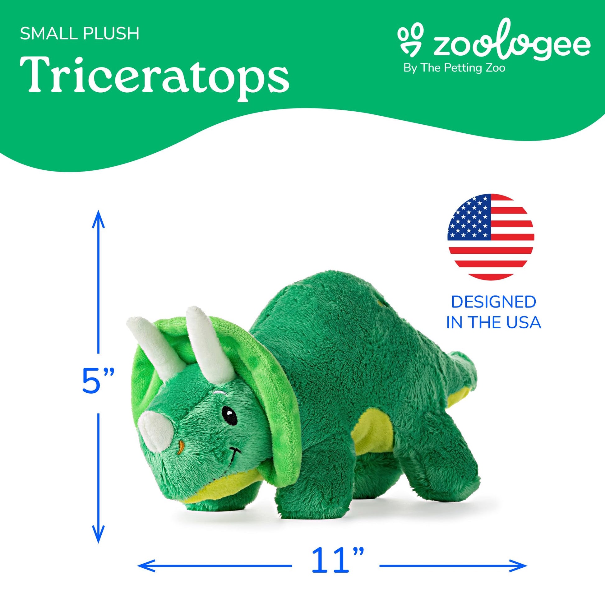 The Petting Zoo Baby Triceratops Stuffed Animal Plushie, Dinosaur Animals, ZOOLOGEE Green Dinosaur Plush Toy 11 inches