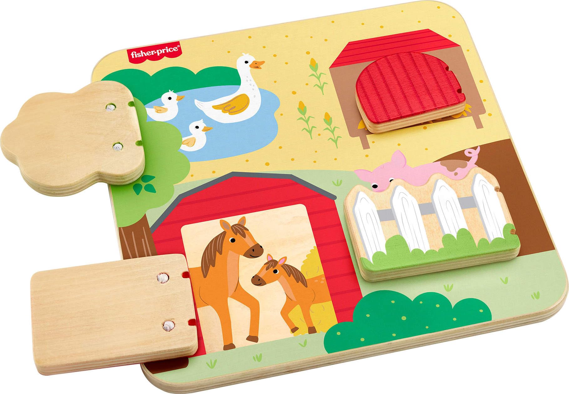 Fisher-Price Wood Baby Toy Farm Animals Board, Wooden Busy Activity for Fine Motor Skills Play Infants & Toddlers Ages 1+ Years