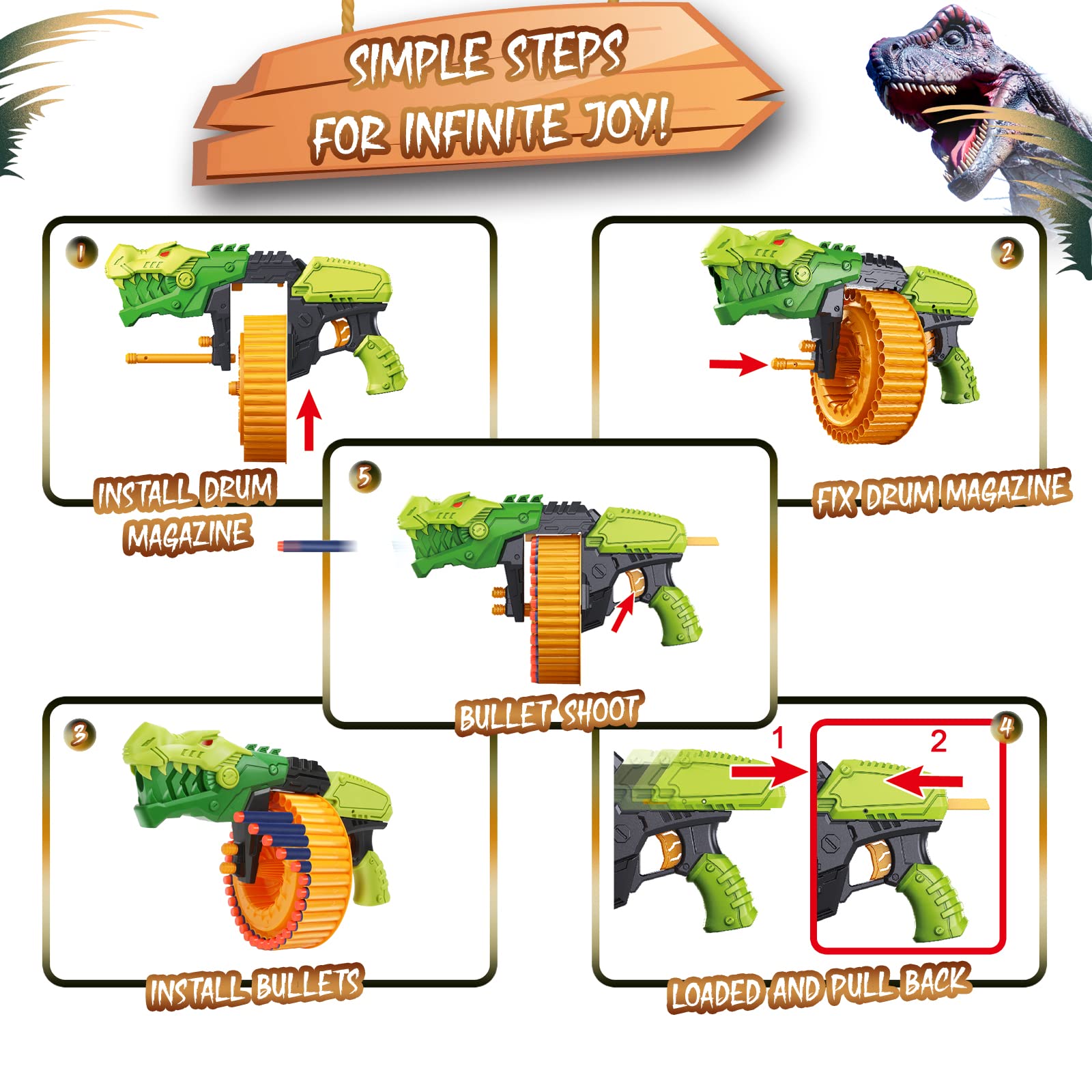 Toy Gun Toy Foam Blasters with 120 Foam Bullets, 40-Dart Rotating Drum, Foam Dart Gun Shooting Game for Indoor Outdoor Activity, Dinosaur Toys