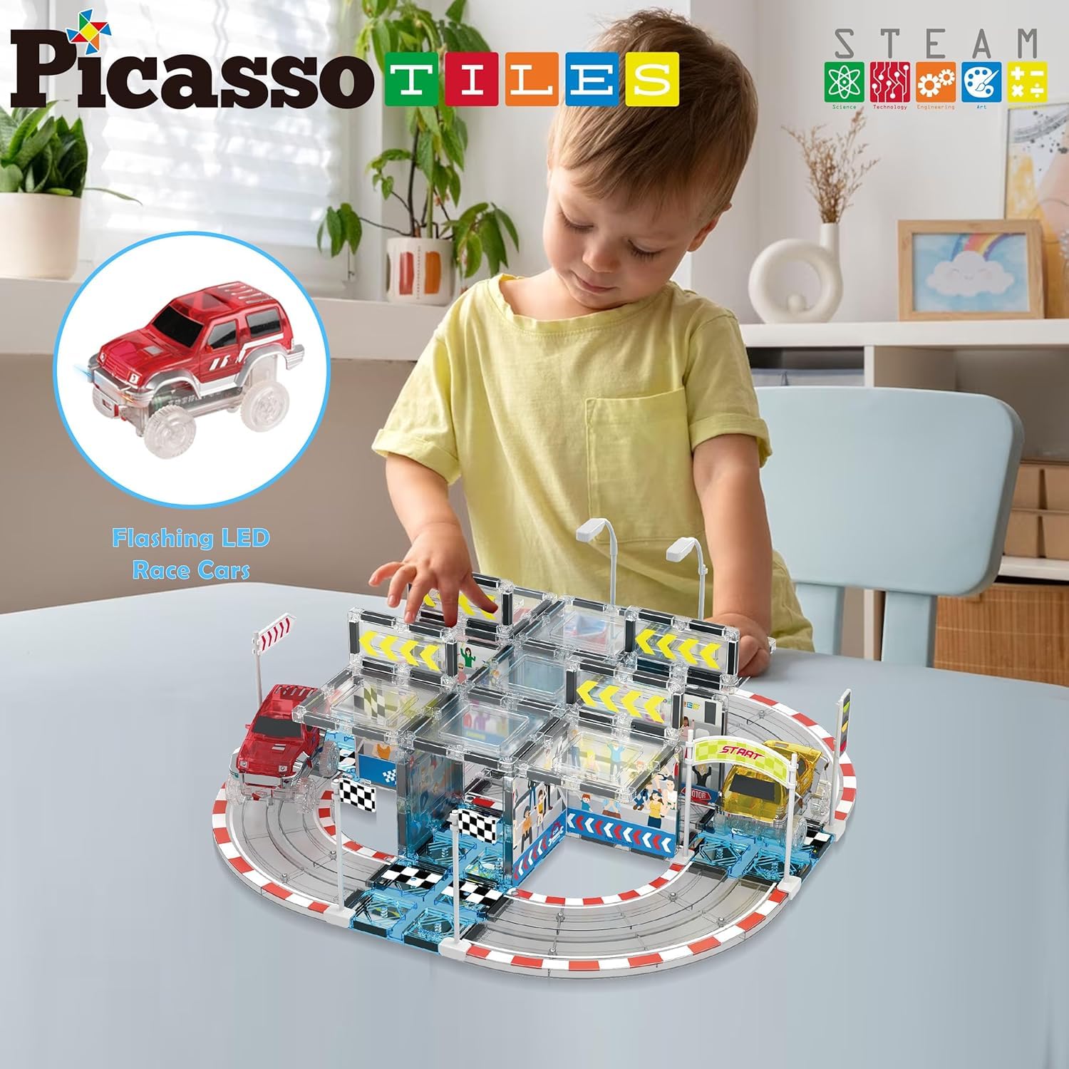PicassoTiles Magnetic Tile Race Car Track Building Set with 2 Trucks Street Signs Stadium Accessories Construction Toy for Kids Age 3 Plus STEAM