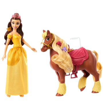 Mattel Disney Princess Toys, Belle Fashion Doll & Philippe Horse with Saddle, Brushable Mane & Tail & 4 Styling Accessories, Inspired by Movie