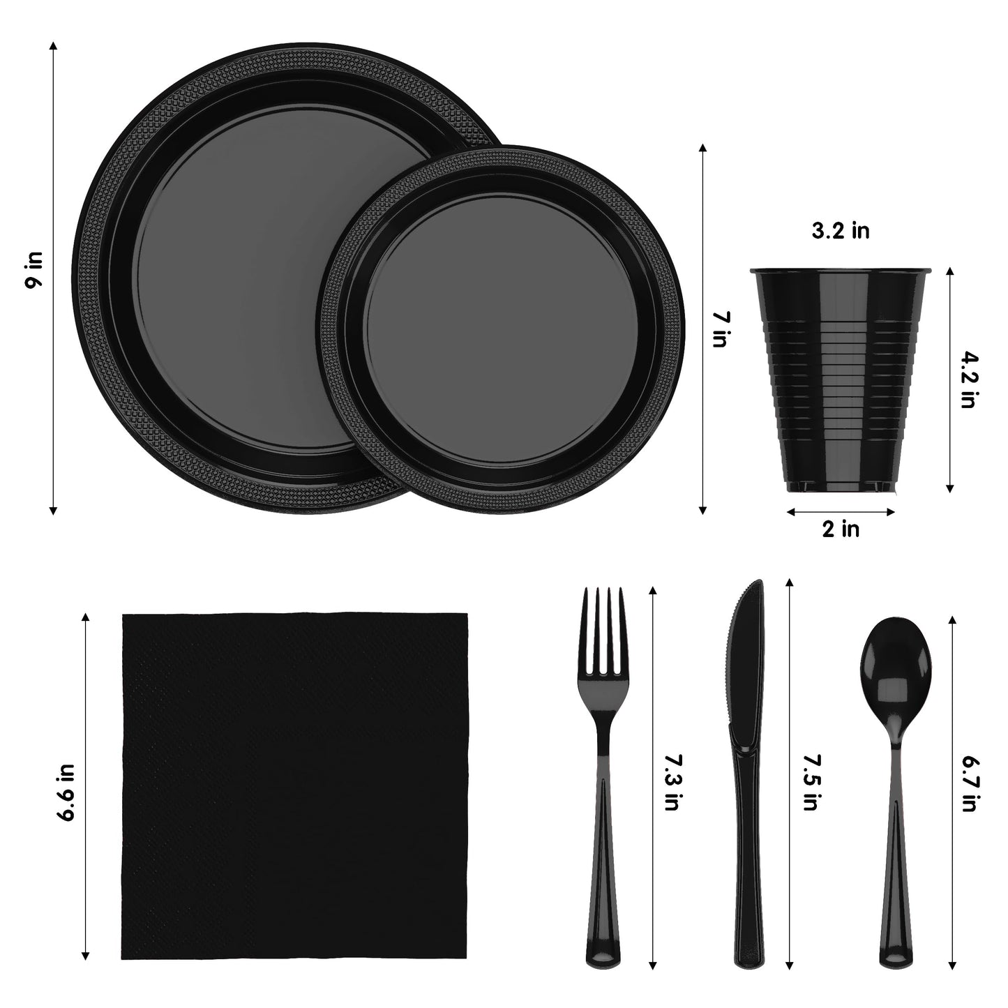 350 Pcs Black Plastic Plates For Party, Black Disposable Plates Set, 50 Of Each 9" Dinner Plate Set, 7" Dessert Plate, Cups, Napkins & Cutlery Plastic