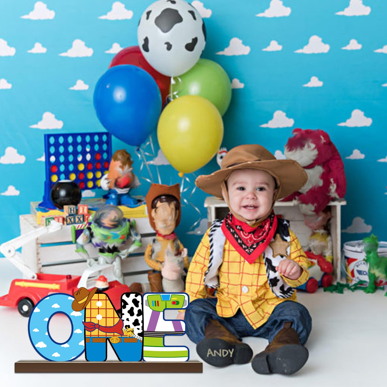 Cartoon Story One Letter Sign Wooden Table Centerpiece, Toy Inspired Themed Cowboy 1st Birthday Party Decoration, Toy Theme Party Supplies Baby Shower