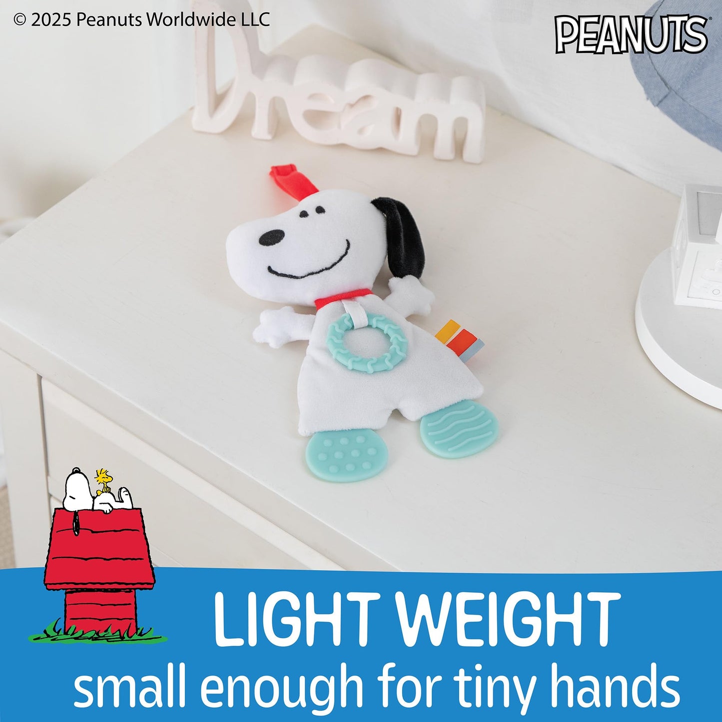 Kids Preferred Peanuts Snoopy Baby Sensory Toy Crinkle Blanket Stuffed Animal for Newborn Infants and Babies Teether Toys with Stroller Car Seat Loop