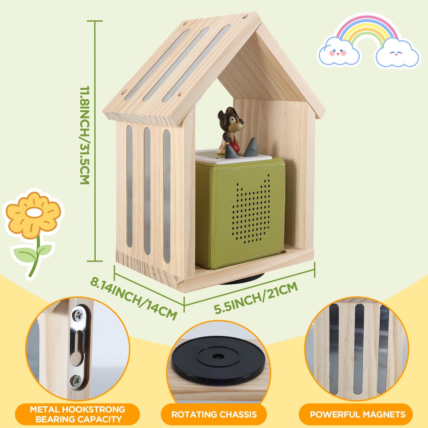 Givilio Tonie Shelf 360° Swivel Base SpinLodge House Rotating Wooden for Toniebox1&2, Magnetic Figures with Strong Magnets, Wall-Mountable Toniebox